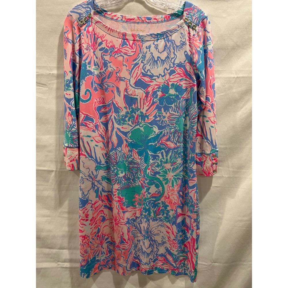 Lilly Pulitzer Hollee Dress Pink Blue Floral Seahorse Button Shoulder Size M